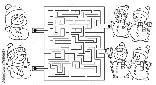 Vector art of childrens winter maze game with cute snowmen and girls holding snowballs