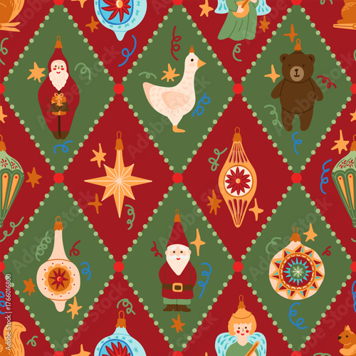 Christmas balls holiday ornaments decorations rhombus seamless pattern packaging, clothes, textiles