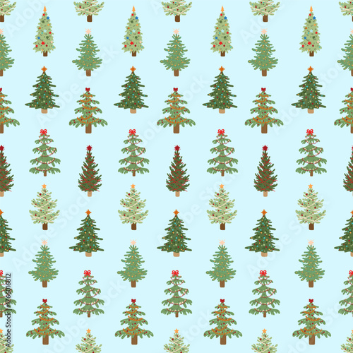 Seamless pattern with hand drawn Coquette Christmas trees decorated ribbons, bows and ornaments