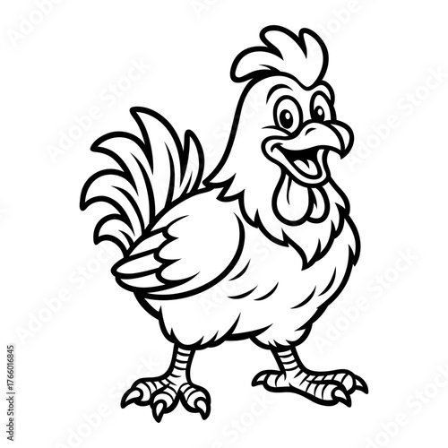 Cute Rooster Vector Illustration – Cartoon Farm Chicken in Black and White for Kids, Agriculture, and Animal Design