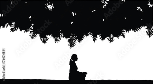 Silhouette of a person meditating peacefully under lush green tree branches.