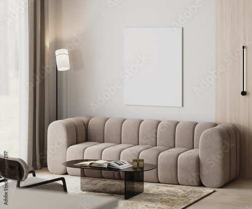blank canvas mock-up in modern living room interior with beige sofa, floor lamp near curtains, glass coffee table and armchair, 3d render