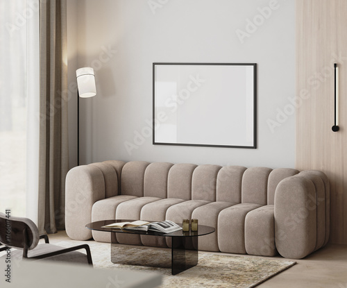 blank horizontal frame mock-up in modern living room interior with beige sofa, floor lamp near curtains, glass coffee table and armchair, 3d render