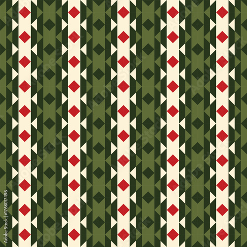 Geometric pattern with red diamond shapes and green squares in a repeating tribal ethnic motif