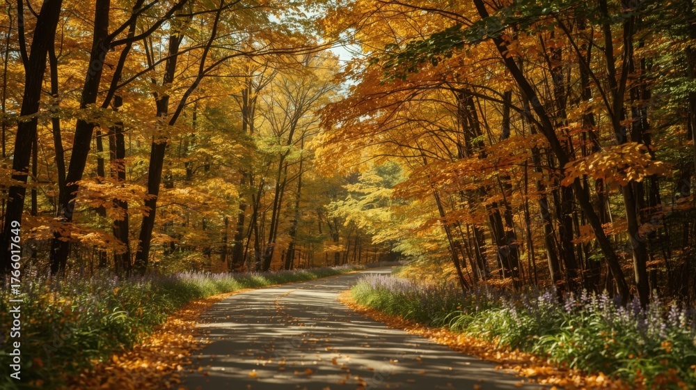 Obraz premium A winding road through a forest during autumn with golden leaves on the trees and ground covering the road