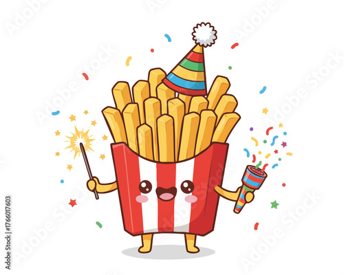 Cute french fries celebrate birthday with confetti and sparkler. Kawaii party food in fry box. Mascot fast food celebration character. Funny fried potatoes vector illustration