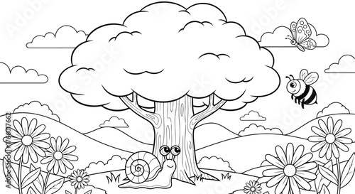 Vector art of a cheerful black and white line drawing of a snail, a bee, and a butterfly in a garden with a large tree and flowers, perfect for childrens coloring pages
