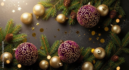 Festive Christmas ornaments and pine branches creating a merry atmosphere.