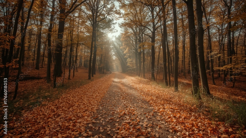 Fototapeta premium A path covered in fallen leaves through a forest with sunlight streaming through the trees in autumn