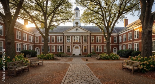 A brick building with a central clock tower, framed by trees and benches, bathed in sunlight.
