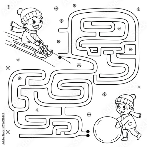 Vector art of winter maze game for kids with children sledding and making snowball, snowflakes and snow, black and white outline for activity