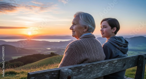 An elderly person and a child sit together, watching the sunset over a scenic landscape.