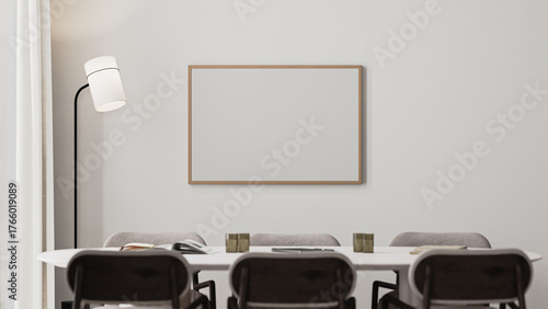 empty wooden picture frame mock-up in meeting room interior with long desk,modern chairs and floor lamp, 3d render