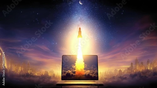Rocket blasting off from a laptop screen into a glowing, starry sky above a futuristic city.