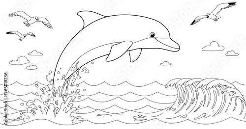 Dolphin and seagulls line drawing on white background