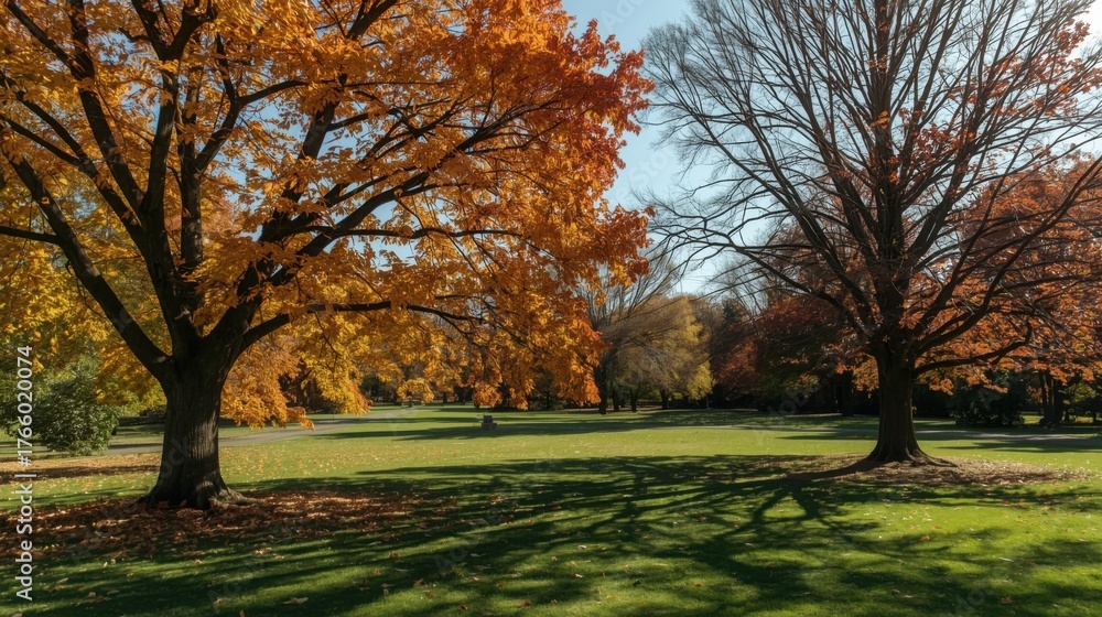 Obraz premium Autumn landscape with vibrant trees and green grass under a bright blue sky in a serene park setting