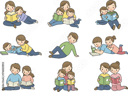 Adults and children reading vector illustration, cartoon-style bonding scenes with books, sitting, lying down, storytelling and learning in educational design