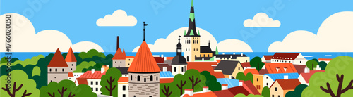 Tallinn panorama vector art with medieval rooftops