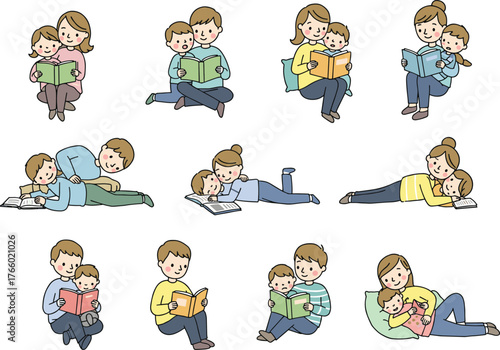 Adults and children reading vector illustration, cartoon-style bonding scenes with books, sitting, reclining, learning and storytelling in educational design