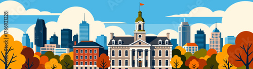 Montreal cityscape vector art with autumn trees