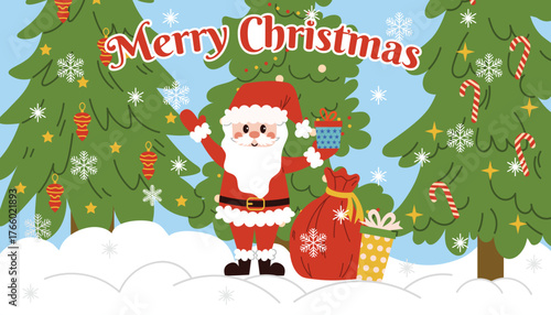 A horizontal Christmas card with happy Santa Claus with a sack of gift boxes, standing against a Christmas trees and falling snowflakes. Large red lettering on the card reads Merry Christmas.
