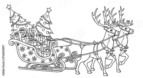 Vector art of christmas scene with santas sleigh pulled by reindeer, carrying christmas trees and gifts