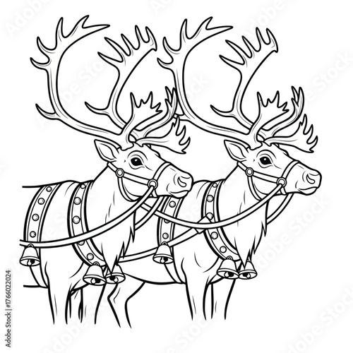 Vector art of two reindeer with large antlers wearing harnesses and bells, , line art illustration