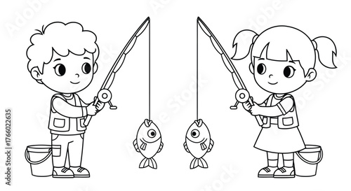 Vector art of children fishing together, boy and girl with fishing rods and buckets