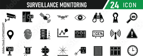 Surveillance monitoring icon set. Including Security Camera, Keypad Lock, Motion Sensor, Alarm, Shield, Eye, Recording Symbol, Guard, Biometric Scanner. Vector silhouette illustration