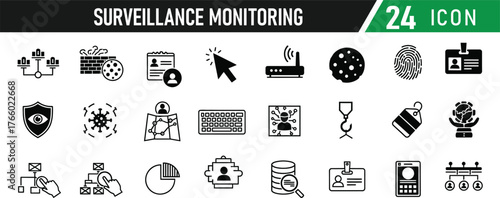 Surveillance monitoring icon set. Including Security Camera, Keypad Lock, Motion Sensor, Alarm, Shield, Eye, Recording Symbol, Guard, Biometric Scanner. Vector silhouette illustration