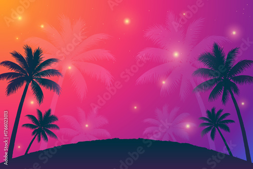 Vector Colorful Palm Tree Silhouettes at Sunset with Orange and Pink Gradient Sky