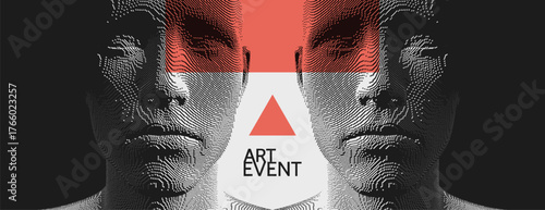 Art event invitation template. Poster for the performance. Abstract digital human head. Voxel art. 3D illustration for brochure, cover, card, presentation, flyer or banner.