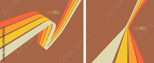 A retro 1970s-style background. Colorful lines. Abstract, dynamic curved ribbons. Designed for posters or banners for sports competitions and races. A collection of vector illustrations.