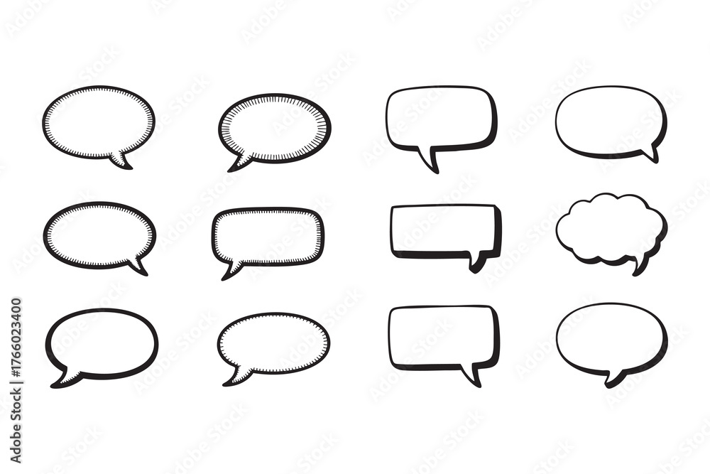 Fototapeta premium Various black outline shapes form a cartoon speech bubble collection on transparent background