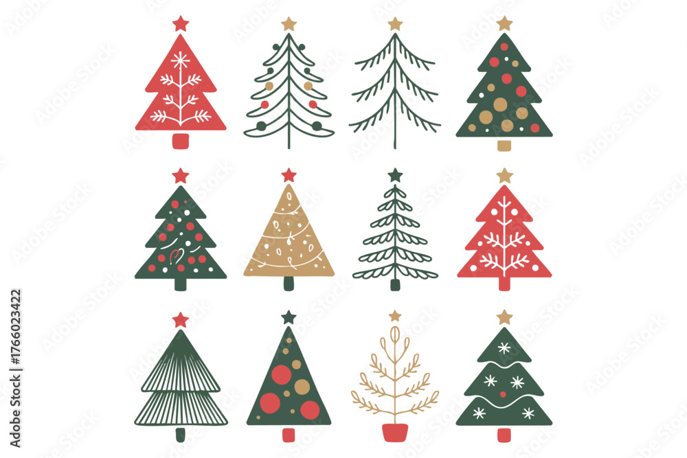 Obraz premium Twelve assorted Christmas tree icons showcase unique styles against a clean, transparent background