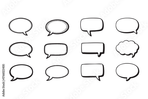 Various black outline shapes form a cartoon speech bubble collection on transparent background