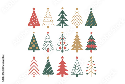 Twelve uniquely designed Christmas trees form an elegant pattern on a white background