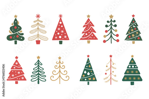 Ten Christmas trees with stars and snowflake designs are neatly arranged on white