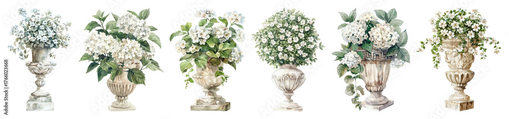Naklejka premium PNG Elegant floral vase arrangements, element set on transparent background
