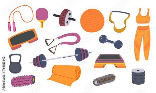 Set of fitness equipment and sports accessories. Dumbbell, barbell, jump rope, yoga mat, resistance band, kettlebell, step platform and workout clothes. Healthy lifestyle concept. Vector illustration