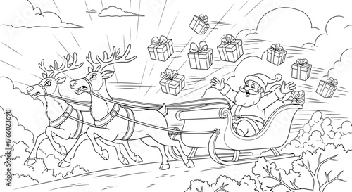 Vector art of santa claus flying in his sleigh pulled by reindeer, delivering presents during christmas, with gifts falling from the sky, in a winter scene with clouds and trees
