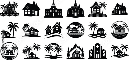 Tropical island houses bundle set and palm trees silhouettes vector illutration