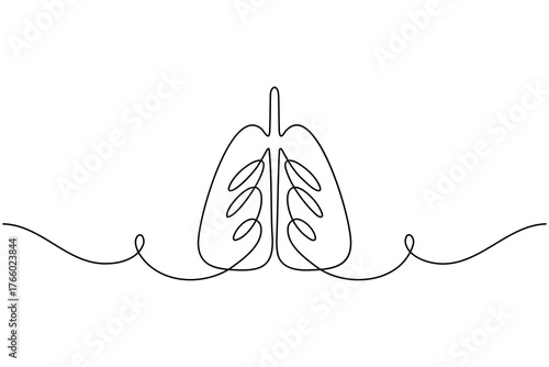 Human lung continuous one line drawing on white background minimalist medical outline vector illustration