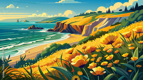 Very beautiful, yellow flowers and view of Strand Beach from Dana Point Headlands Conservation Area in Dana Point, Orange County, California, vibrant coastal scenery, cliffs, sandy shore, ocean waves,