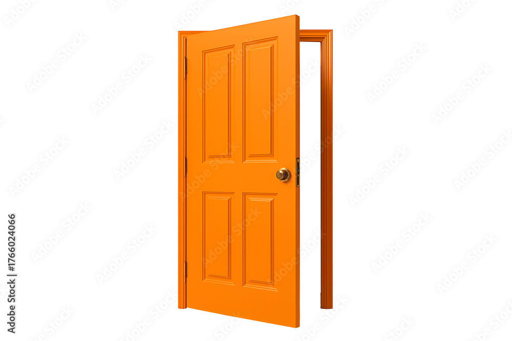 Fototapeta premium Bright orange door slightly open isolated on black background concept of opportunity choice entry security creativity welcome design architecture vibrant color glossy surface