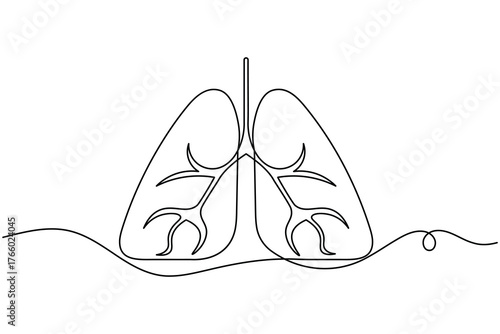 Human lung continuous one line drawing on white background minimalist medical outline vector illustration