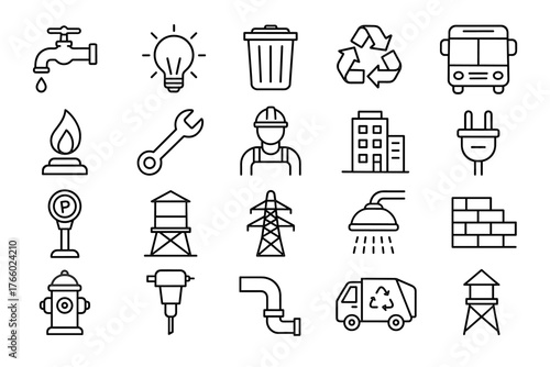 City utility and service line icons — energy, recycling, maintenance, and infrastructure