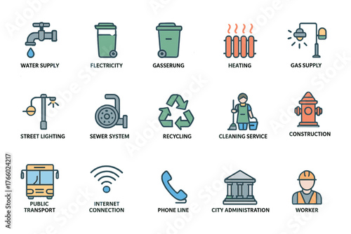 Public utilities and city services icons — infrastructure, recycling, and maintenance