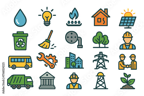 Public utilities and ecology icons — green energy, recycling, and infrastructure services