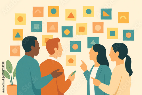 Brainstorming Huddle with Sticky Notes Wall